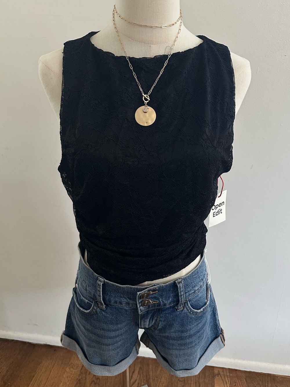 Open Edit Black Lace Sleeveless Crop Top Sheer Layering Tank L